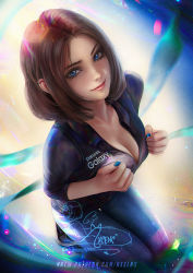 Rule 34 | 1girl, axsen, banned artist, black jacket, blue eyes, blue nails, blue pants, breasts squeezed together, breasts, brown hair, cleavage, closed mouth, highres, jacket, kneeling, large breasts, long hair, looking at viewer, nail polish, pants, samsung, samsung sam, signature, smile, solo, straight hair, thigh gap, unzipped, watermark