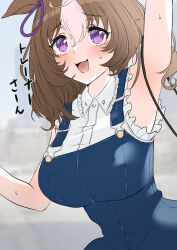 Rule 34 | 1girl, :3, @ @, absurdres, alternate costume, animal ears, arm up, armpits, bag, blue dress, blurry, blurry background, blush, bow, breasts, brown hair, commentary request, cowboy shot, dress, ear ribbon, frilled dress, frills, hair between eyes, handbag, highres, horei tsuna, horse ears, horse girl, large breasts, meisho doto (umamusume), multicolored hair, open mouth, outdoors, purple eyes, purple ribbon, ribbon, smile, solo, streaked hair, sweat, umamusume, white hair