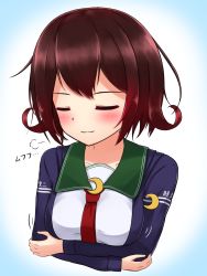 Rule 34 | alternate breast size, blouse, blue background, blue jacket, blush, breast hold, breasts, brown hair, closed eyes, crescent, crescent pin, crossed arms, csr201, eyebrows, gradient background, gradient hair, green sailor collar, hair between eyes, jacket, kantai collection, long sleeves, medium breasts, multicolored hair, mutsuki (kancolle), mutsuki kai ni (kancolle), red hair, sailor collar, school uniform, serafuku, shirt, short hair, solo, upper body, white background, white shirt