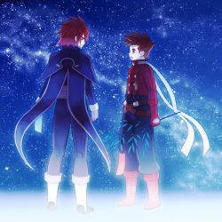 Rule 34 | 00s, 2boys, bad id, bad pixiv id, blue background, boots, brown hair, folks (nabokof), gloves, knee boots, kratos aurion, lloyd irving, male focus, multiple boys, nabokof, night, red eyes, red hair, red shirt, shirt, star (symbol), tales of (series), tales of symphonia