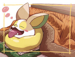 Rule 34 | blush stickers, closed eyes, commentary request, creatures (company), cushion, fangs, game freak, gen 8 pokemon, happy, kotatsu, kotobukkii (yt lvlv), lying, nintendo, no humans, on stomach, open mouth, pokemon, pokemon (creature), solo, table, tongue, tongue out, yamper
