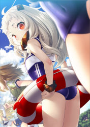 Rule 34 | 4girls, abyssal ship, ahoge, ass, black panties, blonde hair, blue one-piece swimsuit, blue sky, breasts, brown hair, clothes writing, cloud, cosplay, covered mouth, covered navel, crop top, day, elbow gloves, flat chest, gloves, grey eyes, highleg, highleg panties, horns, i-26 (kancolle), kantai collection, lifebuoy, long hair, looking at viewer, medium breasts, miniskirt, mittens, multiple girls, new school swimsuit, northern ocean princess, one-piece swimsuit, open clothes, orange eyes, outdoors, panties, ro-500 (kancolle), ro-500 (kancolle) (cosplay), sailor collar, school swimsuit, shimakaze (kancolle), skirt, sky, striped legwear, swim ring, swimsuit, swimsuit under clothes, underwear, unowen, white gloves, white hair