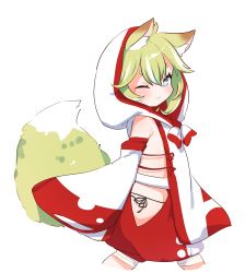Rule 34 | 1girl, ;), ahoge, animal ear fluff, animal ears, blue eyes, closed mouth, cropped legs, done (donezumi), fang, fang out, from side, green hair, hair between eyes, highres, hood, hood up, long sleeves, looking at viewer, looking to the side, multicolored hair, one eye closed, original, puffy short sleeves, puffy sleeves, red shorts, short shorts, short sleeves, shorts, simple background, sleeves past fingers, sleeves past wrists, smile, solo, streaked hair, tail, white background, white hair