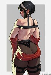 Rule 34 | 1girl, ass, back, backless outfit, black hair, blush, earrings, hairband, highres, huge ass, jewelry, long bangs, muscular, muscular female, pantyhose, red eyes, signature, spy x family, stopu, sweater, thighhighs, thong, toned, underwear, undressing, yor briar