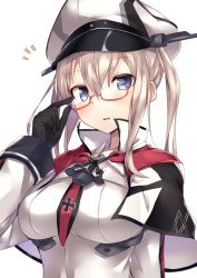 Rule 34 | 10s, 1girl, adjusting eyewear, anchor, black gloves, black necktie, blonde hair, blue eyes, blush, breasts, capelet, collared shirt, commentary, cross, glasses, gloves, graf zeppelin (kancolle), hair between eyes, hat, iron cross, kantai collection, large breasts, long hair, long sleeves, looking at viewer, metindone, military hat, necktie, orange-framed eyewear, parted lips, red necktie, semi-rimless eyewear, shirt, simple background, solo, striped necktie, striped neckwear, twintails, upper body, white background, white shirt