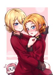 Rule 34 | absurdres, blonde hair, blue eyes, blush, bow, braid, breasts, closed mouth, darjeeling (girls und panzer), french braid, girls und panzer, hair bow, highres, hug, looking at another, military uniform, mizzterbii, orange hair, orange pekoe (girls und panzer), red hair, rosehip (girls und panzer), small breasts, smile, st. gloriana&#039;s military uniform, uniform, yuri