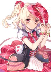 Rule 34 | 1girl, absurdres, arms up, blonde hair, blush, bow, breasts, chano hinano, closed mouth, commentary request, hair between eyes, hair ribbon, heart, highres, looking at viewer, original, plaid, plaid ribbon, plaid skirt, pleated skirt, puffy short sleeves, puffy sleeves, rabbit tail, red bow, red eyes, red ribbon, red skirt, ribbon, shirt, short sleeves, simple background, skirt, solo, striped, striped bow, tail, tears, two side up, underboob, white background, white shirt