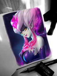 Rule 34 | 1girl, bare shoulders, breasts, claws, colored skin, david pan, evelynn (league of legends), eyelashes, fang, hair between eyes, half-closed eyes, hand on own chest, league of legends, lips, lipstick, looking at viewer, makeup, medium breasts, multicolored hair, pale skin, pink hair, pink lips, pointy ears, slit pupils, smile, solo, two-tone hair, upper body, white hair, white skin, yellow eyes