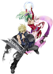 Rule 34 | 1990s (style), 1boy, 1girl, armpits, asu (asoras), blonde hair, blood, blue eyes, cape, cloud strife, detached sleeves, dissidia final fantasy, final fantasy, final fantasy vi, final fantasy vii, gloves, green hair, highres, injury, jewelry, long hair, looking at viewer, necklace, open mouth, ponytail, purple eyes, sword, tina branford, torn clothes, weapon