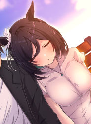 Rule 34 | 1boy, 1girl, :o, animal ears, bench, black hair, black jacket, blush, breasts, closed eyes, commentary, dutch angle, eishin flash (umamusume), flower, hair between eyes, hair flower, hair intakes, hair ornament, hair ribbon, head on another&#039;s shoulder, highres, horse ears, horse girl, jacket, jewelry, large breasts, leaning on person, medium hair, necklace, out of frame, park bench, pendant, ribbon, shirt, short sleeves, side-by-side, sitting, sleeping, solo focus, sweater, taut clothes, taut shirt, tokia (17141031otw), umamusume, upper body, white shirt