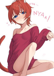 1girl animal_ears antenna_hair bare_legs barefoot binsen blue_eyes blush breasts cat_ears cat_tail collarbone embarrassed flying_sweatdrops highres idolmaster idolmaster_million_live! julia_(idolmaster) kemonomimi_mode looking_at_viewer no_pants nyan off-shoulder_sweater off_shoulder paw_pose red_sweater signature simple_background sitting small_breasts solo sweater tail white_background