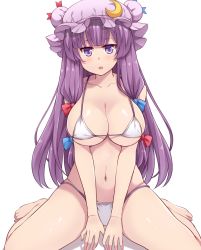 Rule 34 | 1girl, :o, amane hasuhito, bad id, bad pixiv id, bikini, blue ribbon, blunt bangs, breasts, cleavage, collarbone, crescent, crescent hair ornament, hair ornament, hair ribbon, hat, large breasts, long hair, looking at viewer, mob cap, navel, open mouth, patchouli knowledge, purple eyes, purple hair, red ribbon, ribbon, sidelocks, simple background, sitting, solo, swimsuit, touhou, tress ribbon, v arms, very long hair, wariza, white background