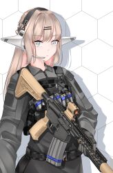 Rule 34 | 1girl, absurdres, asashiro echo, blonde hair, boom microphone, earphones, elf, grey eyes, gun, hair ornament, hairclip, highres, holding, holding gun, holding weapon, honeycomb (pattern), honeycomb background, joe19990131, mecha musume, military, original, pointy ears, rifle, scope, solo, tactical clothes, weapon