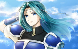 Rule 34 | 1girl, aqua hair, armor, blue eyes, blue gloves, bodysuit, breastplate, cloud, cloudy sky, day, delsaber, elbow gloves, fiora (fire emblem), fire emblem, fire emblem: the blazing blade, gloves, hand in own hair, lips, long hair, looking at viewer, nintendo, outdoors, parted bangs, sky, smile, solo, string, upper body, wind
