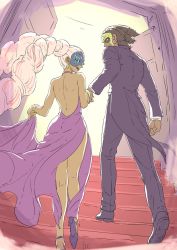 Rule 34 | 1boy, 1girl, arms (game), backless dress, backless outfit, blue eyes, bracelet, dark skin, dress, earrings, formal, highres, holding hands, jewelry, misango, nintendo, open mouth, purple dress, sjw kazuya, smile, stairs, suit, tuxedo, twintelle (arms), yellow eyes