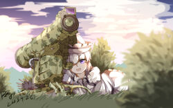 Rule 34 | 1girl, :d, absurdres, blurry, blurry background, cannon, chinese commentary, cloud, commentary request, full body, grass, highres, looking at viewer, merlin prismriver, open mouth, outdoors, pink headwear, purple eyes, pzgr.40, short hair, smile, solo, touhou, turret, variant set, white hair