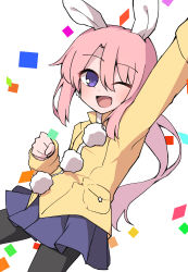 Rule 34 | 100 percent orange juice, 1girl, actgw909, animal ears, arm up, clenched hand, coat, female focus, happy, highres, long hair, nico (orange juice), one eye closed, open mouth, pink hair, purple eyes, qp shooting, rabbit ears, skirt, solo, thighhighs, white background, xmas shooting - scramble!!, yellow coat