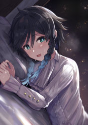 Rule 34 | 1boy, androgynous, ascot, bed, bed sheet, black hair, blue hair, blush, braid, collared shirt, frilled sleeves, frills, genshin impact, gradient hair, green eyes, highres, long sleeves, looking at viewer, lying, male focus, multicolored hair, on bed, on side, open mouth, pillow, pov across bed, shirt, short hair with long locks, simple background, smile, solo, steam, sweat, tadano rom, twin braids, venti (genshin impact), white shirt