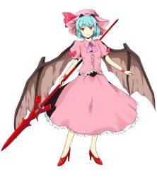 Rule 34 | 1girl, bat wings, blue hair, bonnet, dress, female focus, frills, full body, ginsa, hat, high heels, highres, polearm, red eyes, remilia scarlet, shoes, short hair, smile, solo, spear, spear the gungnir, standing, touhou, transparent background, weapon, wings