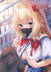 Rule 34 | 1girl, akai haato, akai haato (1st costume), aqua eyes, black socks, black thighhighs, blonde hair, blush, breasts, cleavage, collared shirt, commentary request, day, dress shirt, hair ornament, hand up, heart, heart hair ornament, highres, hololive, index finger raised, kneehighs, large breasts, long hair, looking at viewer, magowasabi, mask, mouth mask, nail polish, neck ribbon, one side up, partially unbuttoned, red eyes, red ribbon, ribbon, shirt, short sleeves, signature, sitting, socks, solo, thighhighs, twitter username, virtual youtuber