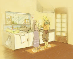 Rule 34 | 1girl, 2boys, :&gt;, ahoge, baby, bad id, bad pixiv id, barefoot, blonde hair, cooking, door, dress, closed eyes, family, father and son, housewife, husband and wife, hyuuga hinata, k27d, kitchen, long hair, mother and son, multiple boys, naruto, naruto (series), pregnant, purple hair, short hair, slippers, uzumaki boruto, uzumaki naruto