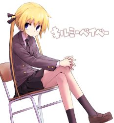 Rule 34 | 1girl, black necktie, black ribbon, black skirt, black socks, blazer, blonde hair, blue eyes, blush, brown footwear, chair, closed mouth, collared shirt, copyright name, foot out of frame, grey jacket, hair between eyes, hair ribbon, highres, interlocked fingers, jacket, kill me baby, loafers, long hair, long sleeves, looking at viewer, miniskirt, necktie, on chair, own hands together, pleated skirt, ribbon, school chair, school uniform, shirt, shoes, simple background, sitting, skirt, socks, solo, sonya (kill me baby), translated, twintails, white background, white shirt, yachima tana