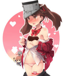 Rule 34 | 10s, 2girls, bare shoulders, blush, brown eyes, brown hair, chocolate, clothes pull, flat chest, hat, heart, inazuma (kancolle), kantai collection, long hair, multiple girls, navel, open clothes, open mouth, open shirt, panties, personification, plasma-chan (kancolle), rensouhou-chan, ryuujou (kancolle), shin (new), shirt, skirt, skirt pull, striped clothes, striped panties, twintails, underwear, visor cap