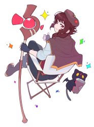 Rule 34 | 1girl, absurdres, adapted costume, beret, black pants, brown footwear, brown hair, brown headwear, buttons, cape, cat, chair, chomusuke, cup, director&#039;s chair, disposable cup, fingerless gloves, fisheye, folding chair, from behind, gloves, half-closed eyes, hat, highres, holding, holding cup, kono subarashii sekai ni shukufuku wo!, crossed legs, looking at viewer, looking back, megaphone, megumin, pants, red eyes, short hair, short hair with long locks, simple background, sitting, smirk, sparkle, staff, thumbs up, voodoothur, white background