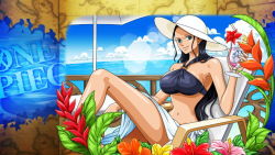 Rule 34 | 1girl, bikini, black hair, blue eyes, breasts, chair, cloud, cocktail, flower, hat, ice, large breasts, long hair, looking at viewer, lounge chair, nico robin, ocean, one piece, smile, solo, swimsuit, tagme, water