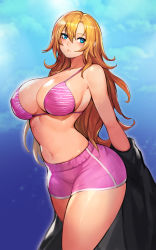 Rule 34 | 1girl, absurdres, bikini, bikini top only, blue eyes, breasts, commission, curvy, gurimjang, hair between eyes, highres, large breasts, long hair, navel, orange hair, original, pink bikini, pink shorts, pixiv commission, shorts, solo, swimsuit, thick thighs, thighs
