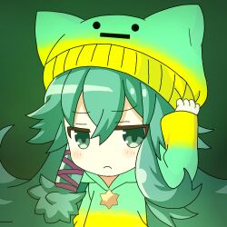 Rule 34 | 1girl, alternate costume, beanie, chibi, closed mouth, date a live, earflap beanie, green eyes, green hair, hat, jacket, kotori (user xdvj3282), long hair, long sleeves, natsumi (date a live), solo, star (symbol)
