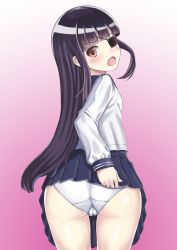 Rule 34 | 10s, 1girl, absurdres, ass, black hair, blush, breasts, clothes lift, eyepatch, fang, from behind, fuena, highres, lifting own clothes, long hair, looking at viewer, looking back, mirai (senran kagura), open mouth, panties, red eyes, school uniform, senran kagura, senran kagura shinovi versus, serafuku, skirt, skirt hold, skirt lift, small breasts, solo, trefoil, underwear, upskirt, very long hair, white panties