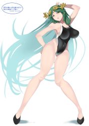 Rule 34 | 1girl, absurdres, alternate costume, bare arms, bare shoulders, black footwear, black one-piece swimsuit, breasts, circlet, cleavage, competition swimsuit, eyes visible through hair, full body, green eyes, green hair, highleg, highleg swimsuit, highres, kid icarus, large breasts, legs, long hair, mi mi ham, nintendo, one-piece swimsuit, palutena, shoes, simple background, solo, swimsuit, thighs, twitter username, very long hair, white background
