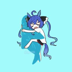 Rule 34 | 1girl, ahoge, animal ears, bare arms, bare legs, bare shoulders, barefoot, black shorts, blue background, blue hair, body pillow, chibi, closed eyes, horse ears, horse girl, horse tail, hugging object, open mouth, pillow, pillow hug, pprs08, sharp teeth, shirt, short sleeves, shorts, simple background, solo, stuffed animal, stuffed shark, stuffed toy, tail, teeth, twin turbo (umamusume), twintails, twitter username, umamusume, upper teeth only, watermark, white shirt