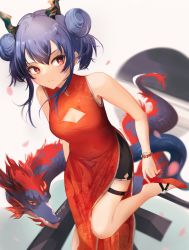 Rule 34 | 1girl, absurdres, arknights, bare shoulders, bead bracelet, beads, black shorts, blue hair, bracelet, breasts, ch&#039;en (arknights), ch&#039;en the holungday (arknights), china dress, chinese clothes, cleavage, double bun, dragon, dragon girl, dragon horns, dragon tail, dress, eastern dragon, foot out of frame, fur-tipped tail, girl and dragon, gupipy, hair bun, high heels, highres, horns, jewelry, leg up, medium hair, official alternate costume, red dress, red eyes, red footwear, shorts, sidelocks, simple background, sleeveless, sleeveless dress, small breasts, solo, split mouth, standing, standing on one leg, tail, white background