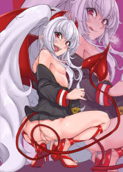 Rule 34 | :p, anus, bottomless, breasts, breasts out, demon horns, demon tail, devil wings, flat chest, from behind, grim aloe, heart, heart in eye, highres, long hair, pussy, sakuran (ameto), squatting, symbol in eye, tail, tongue, tongue out, white hair