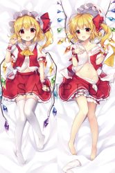 Rule 34 | 1girl, ascot, barefoot, blonde hair, blush, crystal, dakimakura (medium), fang, flandre scarlet, frilled shirt collar, frills, full body, hat, highres, index finger raised, looking at viewer, lying, mob cap, multiple views, navel, on back, one side up, open mouth, panties, red eyes, red skirt, red vest, ruhika, sample watermark, shirt, skirt, smile, thighhighs, unworn thighhighs, touhou, unbuttoned, unbuttoned shirt, underwear, vest, watermark, white headwear, white shirt, white thighhighs, wings, wrist cuffs, yellow ascot