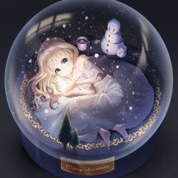 Rule 34 | 1girl, absurdres, bare shoulders, barefoot, blonde hair, blue eyes, blunt bangs, collarbone, commentary, dress, food, full body, glowing, highres, long hair, looking at viewer, lying, marshmallow, merry christmas, on side, original, snowman, solo, taemin, tagme, white dress, white legwear, winter