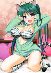 Rule 34 | 1girl, absurdres, ahoge, animal ears, animal print, bed sheet, blue eyes, blush, boots, breasts, cleavage, fang, green hair, heart, heart-shaped pillow, highres, hood, hoodie, knee boots, kneeling, large breasts, long hair, nanase meruchi, open clothes, open hoodie, open mouth, pillow, scan, sleeves past wrists, smile, solo, tail, tiger ears, tiger print, tiger tail, toranoana, twintails, v