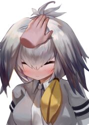 Rule 34 | 1girl, 1other, blonde hair, blush, breasts, closed eyes, closed mouth, collared shirt, dokomon, facing viewer, grey hair, grey shirt, hair between eyes, headpat, highres, kemono friends, long hair, medium breasts, motion lines, necktie, shirt, shoebill (kemono friends), short sleeves, simple background, solo focus, sweat, upper body, wavy mouth, white background, white necktie