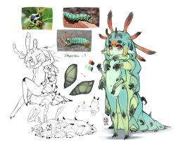 Rule 34 | 1girl, antennae, arthropod girl, caterpillar girl, closed eyes, colored skin, drooling, extra arms, female focus, flat chest, green hair, green skin, highres, lying, monster girl, navel, nude, on stomach, original, partially colored, pointy ears, red eyes, reference photo, rinkae, solo, standing, white background