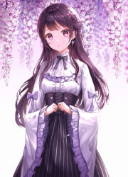 Rule 34 | 1girl, black skirt, bow, breasts, brown hair, center frills, commentary request, earrings, flower, flower earrings, frills, high-waist skirt, highres, jewelry, long hair, long sleeves, lunacle, medium breasts, original, parted lips, purple bow, purple eyes, purple flower, shirt, skirt, solo, striped clothes, striped skirt, vertical-striped clothes, vertical-striped skirt, very long hair, white flower, white shirt, wide sleeves, wisteria