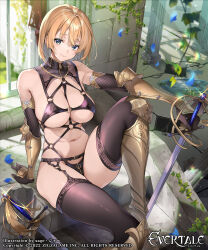 Rule 34 | 1girl, bare shoulders, black garter belt, black garter straps, black gloves, black thighhighs, blonde hair, blue eyes, breasts, character request, closed mouth, commentary request, copyright name, elbow gloves, evertale, garter belt, garter straps, gloves, highres, large breasts, looking at viewer, navel, o-ring, sage joh, sitting, solo, sword, thighhighs, underboob, warrior, weapon