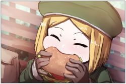 Rule 34 | 1girl, bad id, bad twitter id, bag, bench, beret, blonde hair, blush, brown gloves, burger, closed eyes, commentary request, day, eating, facing viewer, fate/grand order, fate (series), food, forehead, gloves, green hat, green jacket, hat, holding, holding food, jacket, long sleeves, on bench, outdoors, paper bag, park bench, parted bangs, paul bunyan (fate), sitting, sleeves past wrists, solo, upper body, wada kazu