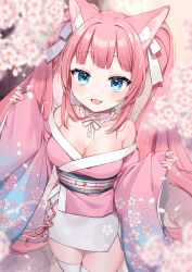 Rule 34 | 1girl, animal ears, belt, blue eyes, blurry, blurry foreground, blush, breasts, cherry blossoms, cleavage, collar, detached collar, dress, falling petals, fang, fox ears, fox girl, frilled collar, frills, hair ribbon, highres, japanese clothes, kawagami raito, kimono, long hair, long sleeves, looking at viewer, medium breasts, off-shoulder dress, off shoulder, open mouth, original, petals, pinching sleeves, pink hair, ribbon, short kimono, side slit, skin fang, smile, solo, thighhighs, twintails, very long hair, wide sleeves