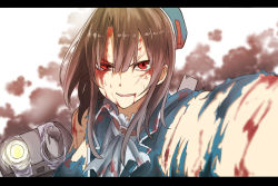 Rule 34 | 10s, 1girl, ascot, beret, blood, blood on face, brown hair, cannon, damaged, hat, highres, kantai collection, letterboxed, long hair, looking at viewer, open mouth, smile, solo, takao (kancolle), torn clothes, tsukamoto minori, upper body
