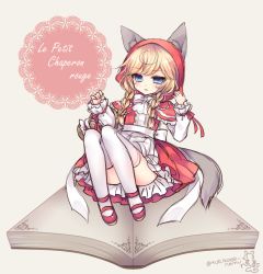 Rule 34 | 1girl, animal ears, artist name, blonde hair, blue eyes, book, braid, cloak, copyright name, french text, grimm&#039;s fairy tales, hood, little red riding hood, little red riding hood (grimm), long hair, mary janes, open book, shoes, signature, solo, tail, thighhighs, tsukikage nemu, twitter username, wolf ears, wolf tail