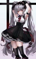 Rule 34 | 1girl, absurdres, armpits, arms up, bad id, bad pixiv id, black thighhighs, bow, breasts, collared shirt, ear piercing, fingerless gloves, frills, gloves, gradient background, grey hair, hair ornament, highres, long hair, looking at viewer, medium breasts, necktie, original, parted bangs, parted lips, piercing, red eyes, shirt, short necktie, simple background, skirt, solo, standing, suspender skirt, suspenders, tagme, thighhighs, twintails, unxi, very long hair, x hair ornament, zettai ryouiki