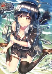 Rule 34 | 1girl, beach, black hair, black thighhighs, blazer, blush, breasts, cleavage, closed mouth, collarbone, commentary request, crab, damaged, day, full body, hair between eyes, hatsushimo (kancolle), headband, jacket, kantai collection, kazu (otonoki86), legs, long hair, looking at viewer, low-tied long hair, machinery, outdoors, pleated skirt, red eyes, sand, school uniform, single thighhigh, sitting, skirt, small breasts, smoke, smokestack, solo, thighhighs, thighs, torn clothes, torpedo tubes, wariza, water, weapon