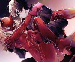 Rule 34 | 1boy, 1girl, absurdres, amamiya ren, black coat, black hair, blonde hair, blue eyes, blush, bodysuit, cat mask, cleavage cutout, clothing cutout, coat, earrings, gloves, highres, jewelry, mask, persona, persona 5, red bodysuit, shiny clothes, simple background, takamaki anne, thighhighs, twintails, yue 080, zipper